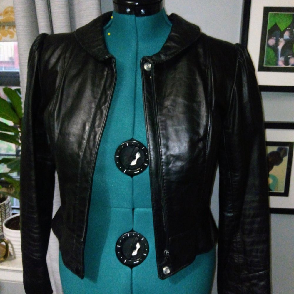 Vintage Jonathan Christopher Black Leather Puff Sleeve Jacket Sz Small